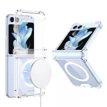 Для Samsung Galaxy Z Flip 5 4 3 5G Magsafe Case Magnetic Wireless Charger Прозрачный ударопрочный складной шарнирный защитный чехол For Galaxy Z Flip 5