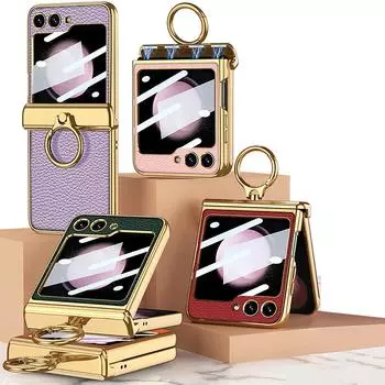 Для Samsung Galaxy Z Flip 5 Роскошный кожаный чехол с гальваническим покрытием и кольцом-держателем с магнитным шарниром, пленка для объектива, складной защитный жесткий чехол for Galaxy Z Flip 5