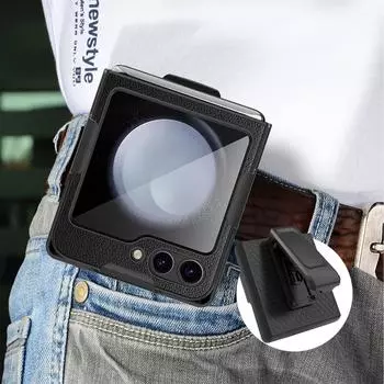 Для Samsung Galaxy Z Flip 5 текстура личи кожа с кронштейном из закаленной пленки складная противоударная защитная жесткая задняя крышка с зажимом For Galaxy Z Flip 5
