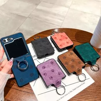 Для Samsung Galaxy Z Flip 6 Flip 4 5 кожаный складной чехол для телефона с рисунком кошачьей лапки и подставкой-кольцом, защитный чехол, включающий все необходимое Samsung Z Flip 5 коричневый