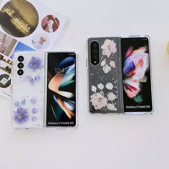 Для Samsung Galaxy Z Fold 4 3 чехол с настоящим цветком, серебряная фольга, прозрачный четырехугольный противоударный силиконовый складной чехол, аксессуары for Galaxy Z Fold 3 синий