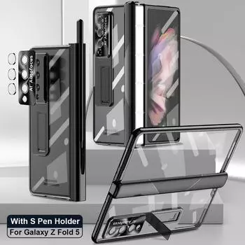 Для Samsung Galaxy Z Fold 5 чехол с шарнирным покрытием прозрачный магнитный чехол Fold 4 3 с держателем S Pen подставка 360 полная защитная крышка For Galaxy Z Fold 5 очистить розовый