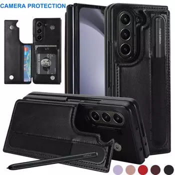 Для Samsung Galaxy Z Fold 5 Z Fold 4 Z Fold 3 с держателем для ручек из искусственной кожи, магнитная подставка, Folio, 3 слота для карт, защитный чехол-кошелек Samsung Z Fold 3 чёрный