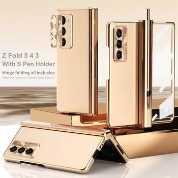 Для Samsung Galaxy Z Fold 6 5 чехол Hinge Fold 4 3 с держателем S Pen Magnetic Plating Armor противоударный 360 Full Protector Cover For Galaxy Z Fold 5 чёрный