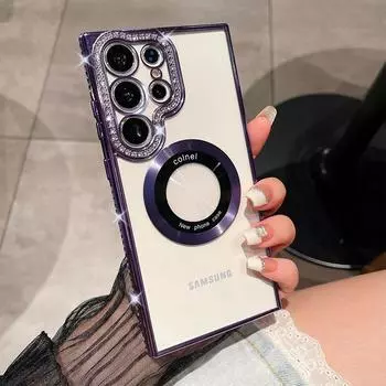 Для Samsung S23 S22 S24 Ultra чехол Роскошный горный хрусталь гальванизированный беспроводной зарядный магнитный присоска Мягкий силиконовый задний чехол For Samsung S23Ultra