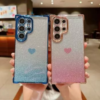 Для Samsung S24 Plus S23 Fe S22 S21 Note 20 Ultra A55 A54 A35 A34 A25 A15 5g Блеск Сердце Любовь Градиентное покрытие Противоударный Мягкий Квадратный Чехол из ТПУ Samsung S24 чёрный