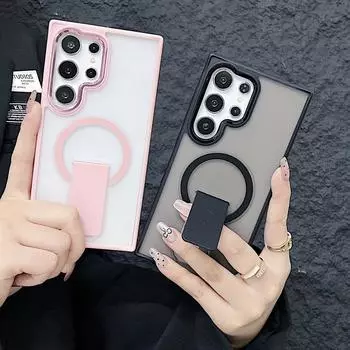 Для Samsung S24 Plus S24 S23 Ultra для Magsafe Магнитная подставка для беспроводной зарядки Противоударный мягкий ТПУ Hybird Акриловый прозрачный квадратный чехол Samsung S24 чёрный