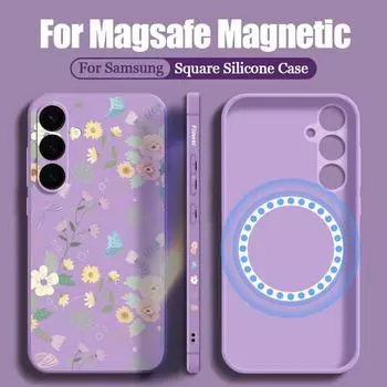 Для Samsung S24 S22 Ultra Plus S23 S21 S20 Fe с цветочным узором для Magsafe Магнитная защита линзы со шнурком ТПУ Мягкий тонкий противоударный чехол Samsung S24 чёрный