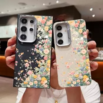 Для Samsung S24 S22 Ultra S23 S21 S20 Fe A55 A54 A53 A52 A35 A15 A16 кожа текстура цвет узор розы ударопрочный мягкий TPU тонкий квадратный чехол Samsung S24 чёрный