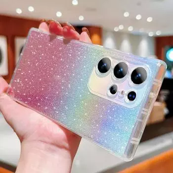Для Samsung S24 FE S23 Ultra S22 S21 Fe A54 TPU противоударный прозрачный цветной мягкий чехол Starry Sky Sparkling Cover для iPhone 16 Pro Max 15 Pro 14 13 12 11 Samsung S23 FE фиолетовый
