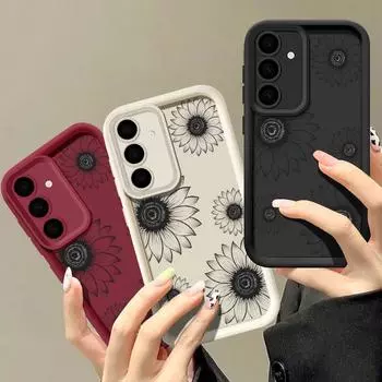 Для Samsung S25 S24 S23 S22 S21 Ultra Plus S20 Fe A55 A54 A53 A52 A35 A15 силиконовый мягкий противоударный защитный чехол для объектива с принтом подсолнуха Samsung S24 FE чёрный