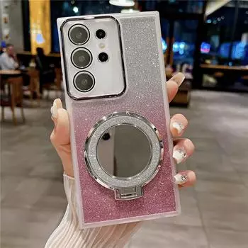 Для Samsung S24 Ultra S23 S22 Plus S20FE S21 FE Зеркальный блестящий чехол с магнитной подставкой для Galaxy S24 S23 S22 Plus Защитная пленка для объектива Силиконовый держатель For Samsung S24 белый