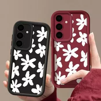 Для Samsung S24 Ultra S23 S22 S21 S20 FE A55 A54 A53 A52 A35 A34 A14 5G чехол с белыми цветами и принтом противоударный мягкий матовый силиконовый чехол для телефона Samsung S24 чёрный