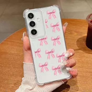 Для Samsung S25 Edge S24 FE S23 Ultra A16 A56 A36 A15 A55 A35 Чехол Прозрачный Противоударный Мягкий Силиконовый Тонкий Чехол для Телефона с Узором Бантика Samsung S25 edge розовый