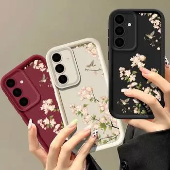 Для Samsung S25 S22 Ultra Plus S24 S23 S21 S20 Fe A16 A15 A55 A35 A54 A56 A36 A56 противоударный силиконовый мягкий чехол с рисунком вишневого цвета против падений Samsung S25 чёрный