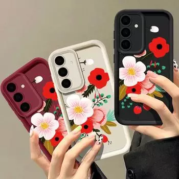 Для Samsung S25 S24 S22 Ultra Plus S23 S21 S20 Fe A55 A54 A53 A52 A35 A15 5g противоударный красный цветочный узор силиконовый мягкий защитный чехол для объектива Samsung S24 чёрный