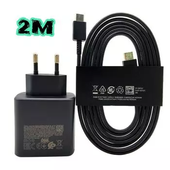 Для Samsung S25 S24 S23 S22 S21 S20 Ultra A14 A24 A34 A54 A55 A35 A25 A15 быстрая зарядка 45 Вт PD зарядное устройство 2 м кабель супер быстрая зарядка 3.0 USB-C адаптер Black EU and Cable(2M)