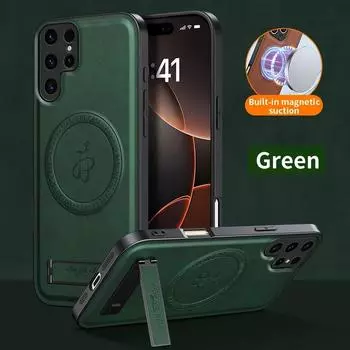 Для Samsung S25 Ultra Plus Магнитный чехол-подставка из кожи Magsafe для Galaxy S25+ S24 S22 S23 Ultra Matte Cover Shell For Samsung S25 plus зелёный