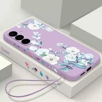 Для Samsung S25 Ultra S24 FE S23 A56 A36 A16 A55 чехол для телефона цветочный принт матовый защитный объектив TPU шнурок мягкий противоударный силиконовый тонкий чехол Samsung S25 чёрный