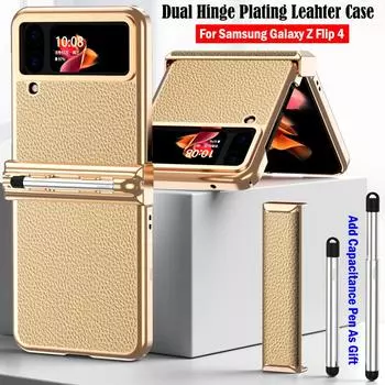 Для Samsung Z Flip 4 Чехол Двойной Шарнир с Прорезью Для Ручки Кожаный Чехол Для Galaxy Z Flip 4 Шарнирный Чехол + Емкостная Сенсорная Ручка Case Add Touch Pen
