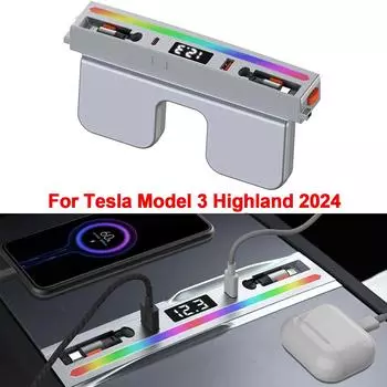 Для Tesla Model 3 Highland 2024 USB-концентратор док-станция с радужной подсветкой, 4 порта выдвижная быстрая зарядка