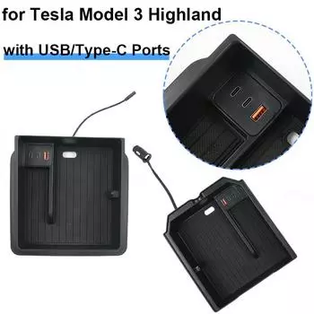 для Tesla Model 3 Highland Center Console Storage Organizer Box Armrest Try с портами USB Type C New Model3 Accessories 2024