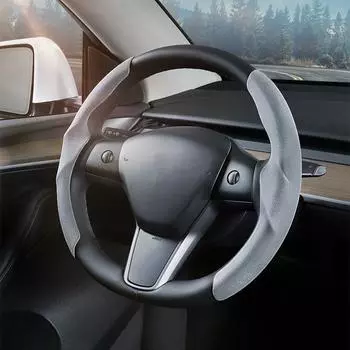 Для Tesla Руль Чехол Модель 3/Y Замша Углеродное волокно Ультратонкий Пот Впитывающий Специальный Руль Автомобильные Аксессуары чёрный