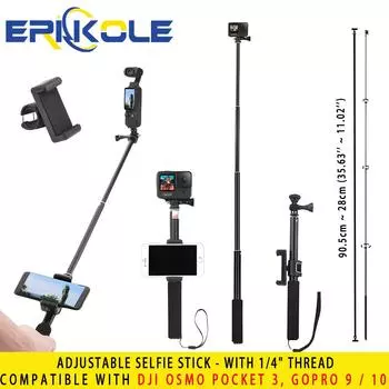 Для удлинительной штанги Pocket 3 - с резьбой 1/4 , регулируемая палка для селфи, совместимая с DJI Osmo Pocket 3 и GoPro 9 / 10 и т. д. чёрный