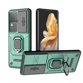 Для vivo S18 Pro Battle Bear Slide Push Window TPU + PC противоударный металлический чехол с магнитной адсорбцией для автомобиля S18 чёрный