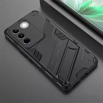 Для Vivo T1 V25 V27 Pro Y21 Y21S Y21T Y33S Y33T V25e V27e Y35 Y22 Y22S Y16 Y77 IQOO11 Pro 4G 5G противоударный жесткий бронированный чехол-подставка для телефона задняя крышка For Vivo T1 5G чёрный