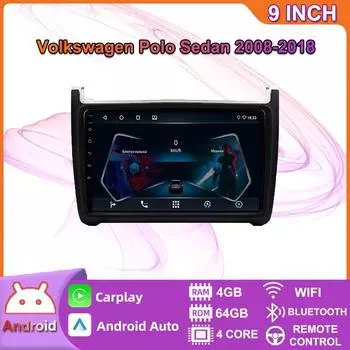 Для Volkswagen Polo Sedan 2008-2018 Carplay Android автомобильный радиоприемник GPS-навигация 2din 4 + 64 ГБ 2+32GB