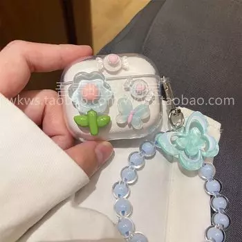 для Walkers Zeropro Защитный чехол Lollipodsplus Цветок Re N2 Чехол для наушников Lolli3anc Молодежный Minibuds Мягкий Magicair Защитный чехол Evoair Rambler x5evo Blue Flower + Hanging Chain