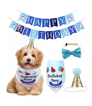 для вашей собаки или PetGround Birthday Set Bow 4 Piece Birthday Dog Toys [День рождения домашнего кота] Шляпа, Бандана, Галстук, Украшения, Набор, (синий)