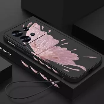 Для Xiaomi 13t 12t 11t 10t Poco F3 X6 X5 F6 Pro Mi 11 Lite Redmi Note 13 12 11 10 Pro противоударный чехол из ТПУ с рисунком бабочки, мягкий чехол со шнурком Redmi Note 13 4G розовый/чёрный