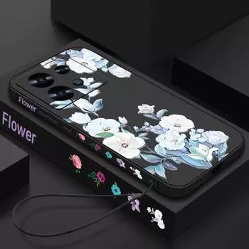 Для Xiaomi 13T Pro Poco F6 X6 X5 Redmi Note 14 Pro 13 12 11 чехол с цветочным принтом шнурок силиконовый матовый TPU мягкий тонкий противоударный чехол для телефона Redmi Note 14 5G чёрный