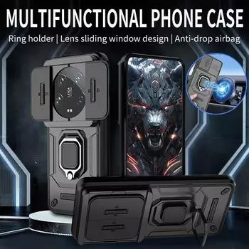 Для Xiaomi 14 Ultra 5G чехол слайдер камера защитный бронированный чехол для телефона для Xiomi Mi 14 Mi14 Ultra 14Ultra магнитный держатель кольцо крышка For Xiaomi 14 Ultra чёрный