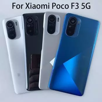 Для Xiaomi Poco F3 5G Стеклянная задняя крышка батарейного отсека Замена задней двери корпуса с объективом камеры Black no lens