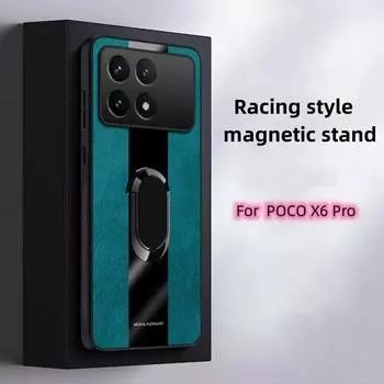 Для Xiaomi POCO X6 Pro Чехол для телефона из оргстекла из искусственной кожи для POCO X 6 X6Pro Магнитное металлическое кольцо-подставка-держатель Противоударная мягкая задняя крышка For POCO X6 Pro зелёный