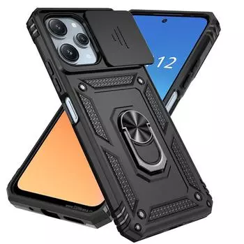 Для Xiaomi Redmi 12 4G чехол-держатель с кольцом противоударные бронированные чехлы для телефонов Redmy Redmi 12 Redmi12 4g 2023 защитный чехол-слайдер для объектива For Redmi 12 4G чёрный