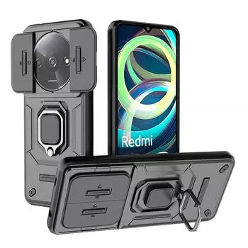 Для Xiaomi Redmi A3 A3x Battle Bear Slide Push Window TPU + PC противоударный металлический чехол с магнитной адсорбцией для автомобиля For Redmi A3 чёрный