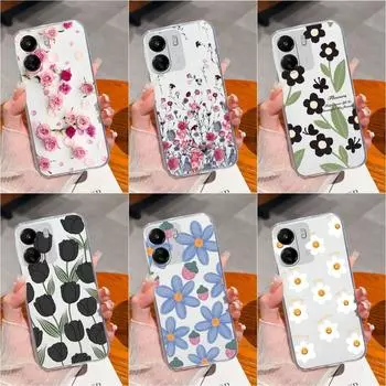 Для Xiaomi Redmi K70 Pro 13C Note 13 Pro+ 12S A3 K60 Ultra Чехлы для задней панели Чехлы для телефонов Защитная пленка для экрана Прозрачный силиконовый корпус из ТПУ с красивым цветком для Redmi Redmi 13C 4G