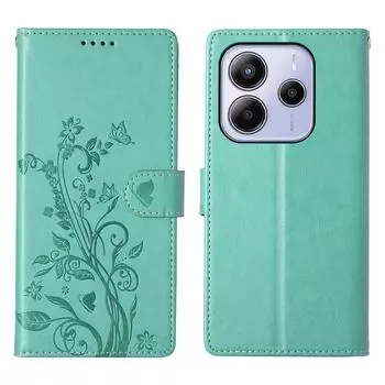 Для Xiaomi Redmi Note 14 4G (163,25 мм) Чехол-кошелек с цветочным тиснением в виде бабочки, из искусственной ПУ кожи, чехол для телефона с ремешком на запястье Green