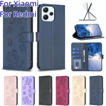 Для Xiaomi Redmi Note 8, Redmi Note 9 Pro, Note 11, Note 12, K50, K60... Lucky Grass Четырехлистный клевер с узором из искусственной кожи Откидной чехол-кошелек с подставкой для телефона Xiaomi Redmi Note 8 Pro чёрный