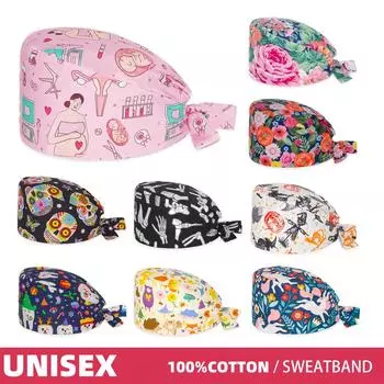 Для женщин и мужчин скраб-шапочки из хлопка с мультяшным принтом шеф-повара, спа-салона красоты, клиники, стоматолога, рабочая шляпа, медсестра, врач, хирургические шапки, унисекс, кепка Baotou One Size