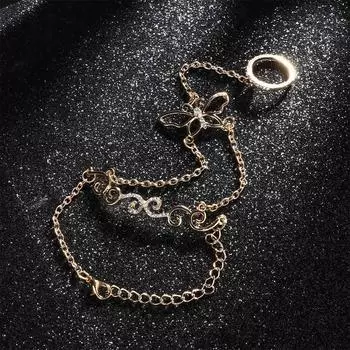 для женщин мода кристалл жгут браслет запястье рука раб цепь звено палец кольцо бабочка дизайн серебряный
