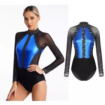 Для женщин сверкающие стразы латинский комбинезон для соревнований по гимнастике балет с длинными рукавами сетчатый боди нарядное платье для катания на коньках S королевский синий
