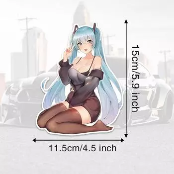 DM16#15см Сидящая аниме-девушка с длинными голубыми волосами в двойном хвосте Виниловая наклейка на автомобиль Водонепроницаемая виниловая наклейка Аксессуары для автомобиля Декор 11.5x15cm