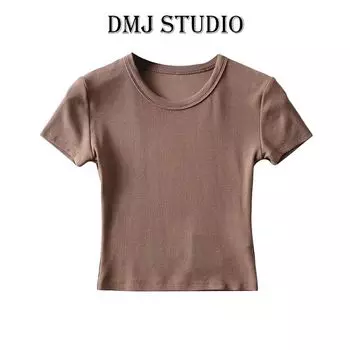 DMJ New Arrival Summer Color Silm Short Sleeve round Neck Chest T-shirt Sports Fitness Pure Color Short Midriff-Baring Top Deep khakis (Crop Top paragraph) M