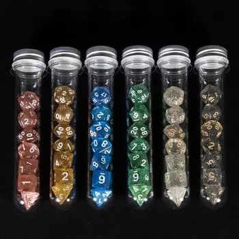 DND Polyhedral Dice Set Transparent with Glitter Digital Dice for Table Board Roll Playing Games 7pcs Dice with Tube Silver white