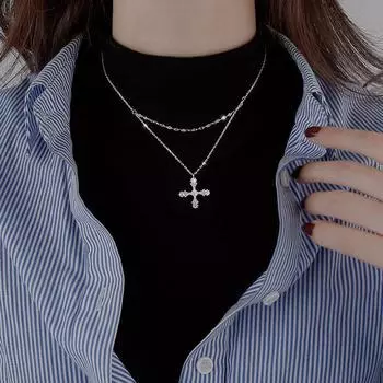 Дневное ожерелье с двойной цепочкой и бриллиантовым крестом Женская мода Модная универсальная нишевая цепочка для свитера